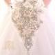 Off white, ivory, touch of pink BROOCH BOUQUET. Silver jeweled silk roses flowers teardrop cascading broach bouquet. Pearls bling wedding