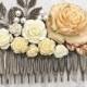 Big Bridal Hair Comb Large Ivory Cream Rose Wedding Accessories Floral Collage Shabby Country Antique Gold Brass Leaves Pearls Hair Piece