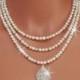 LEOLA - Freshwater Pearls And Rhinestones Triple Strand Bridal Necklace