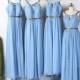 Baby Blue Chiffon Bridesmaid Dress with Gold Belt, Ruched Bodice Wedding Dress, Long Prom Dress, Hollow Neck Maxi Dress Full Length(F066)