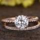 1.25 Carat Round Moissanite Solitaire Engagement Ring Set Diamond Wedding Band 14k Rose Gold Pave Thin Matching Band