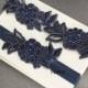 Royal Blue,Navy Beaded Lace Wedding Garter Set , Embroidery  Garter Set, Toss Garter , Keepsake Garter ,Customizable Handmade-GT033