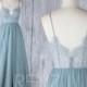 Bridesmaid Dress Dusty Blue Tulle Wedding Dress,Illusion Lace Prom Dress,Spaghetti Straps Maxi Dress,A Line Ball Gown Flull Length(HS548)