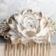 White and Gold Rose Comb Big Flower Hair Comb Wedding Hair Accessories Modern Romantic Glam Bridal Hair Piece Cabbage Rose Gold Filigree