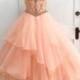 Chic A-line High Neck Pearl Pink Beading Modest Long Prom Dress Evening Dress AM551