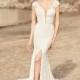 Mikaella Spring/Summer 2017 2116 Elegant Chapel Train Ivory Sheath V-Neck Cap Sleeves Lace Zipper Up Bridal Gown - Rich Your Wedding Day