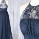 Bridesmaid Dress Navy Blue Chiffon Illusion Lace Wedding Dress,Halter Key Hole Back Ruched Prom Dress,A Line Long Evening dress (H516)