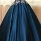 Blue Satins Lace Applique Round Neck See-through A-line Long Prom Dresses,ball Gown Dresses