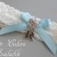 Personalized Garter, Something Blue Lace Wedding Garter, Lace Garter, Light Blue Bow, Garter with Silver Initial - Ivory White or Off White