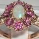 9K English Rose Gold Natural Opal & Pink Tourmaline Cluster Flower Engagement Ring - Made in England -Customize:9K,14K,18K, Gold