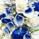 Cascade Bridal Bouquet Silver Blue White - Picasso Callas Real Touch White Royal Blue Roses, Rhinestones - Customize for your Colors