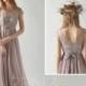 Bridesmaid Dress Rose Gray Chiffon Long Wedding Dress,Cap Sleeves Maxi Dress,Illusion V Back Prom Dress,Boat Neck Long Evening Dress(T208)