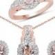 14K Rose Gold Peach Morganite Engagement Ring, Halo Earrings, Halo Pendant Necklace Gift Set