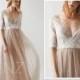 Bridesmaid Dress Pale Khaki Tulle Wedding Dress,Off White Lace 3/4 Sleeves Maxi Dress,Beaded Illusion Deep V Neck Long Evening Dress(HS529)