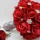 Red Roses & Rhinestones Bridal Bouquet Real Touch Bridal Bouquet Roses Groom's Boutonniere Red Grey Wedding Bouquet Boutonniere