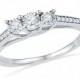 Three Diamond Engagement Ring, Sterling Silver Promise Ring or White Gold Ring