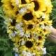 Cascading or Waterfall Sunflower Bouquet, Yellow and Blue Wedding Flowers, Rustic Woodland Bridal Arrangement