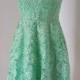2015 Cap Sleeves Mint Lace Short Bridesmaid Dress