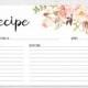 Recipe Cards, Bridal Shower, Boho Recipe Card, Watercolor, Floral, Printable, Instant Download, Recipe Card