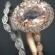 Stunning 14kt. Pink and White  Gold Bridal set or individual with Natural Morganite Oval Shape Center stone and Diamond Halo