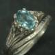 Aurora Bridal Set--Sky Blue Topaz Ring--Vintage Design Wedding Rings--Antique Style Rings--Victorian Filigree Rings--Curved Wedding Band