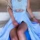 High Neck Two-Piece Blue Split Front Long Prom Dress With Lace OK674