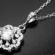 Cubic Zirconia Bridal Necklace, Crystal Silver Necklace, Wedding CZ Floral Charm Necklace, Bridal CZ Jewelry, Clear Cubic Zirconia Pendant - $25.00 USD