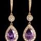 Amethyst Crystal Gold Chandelier Earrings FREE US Ship Purple Gold Earrings Amethyst Teardrop Halo Earrings Purple Bridal Wedding Earrings - $37.90 USD