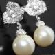 Pearl Bridal Earrings, Swarovski 10mm Pearl Silver Earrings, Ivory Pearl Flower Stud Earrings Bridesmaid Earrings Pearl Drop Wedding Earring - $31.90 USD