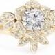 Lily Flower Diamond Engagement Ring with Matching Leaves Diamond Band, 1.0 carat, Bridal Wedding Engagement Diamond Ring set. - $3650.00 USD