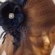 Navy Blue BIRDCAGE VEIL with Flower and Rhinestone Brooch.Fascinator with Veil
