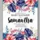 Baby shower invitation template with tropical flowers of hibiscus, palm leaves
