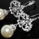 Pearl Chandelier Bridal Earrings Swarovski 10mm Pearl Earrings Ivory Pearl CZ Silver Dangle Earrings Vintage Style Pearl Wedding Earrings - $34.50 USD