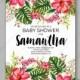 Baby shower floral invitation with hibiscus flower and tropical leaves, watercolor flower wreath