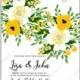 Yellow roses, peony, anemone wedding invitation vector template