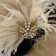 Fascinator, Rhinestone Pearl Bridal Feather Fascinator, Ivory Feather Fascinator, Bridal Headpiece, Wedding Veil,  Old Hollywood