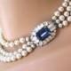 Vintage 3 Strand Pearl Necklace With Montana Blue Rhinestone Clasp