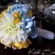 Silk Wedding Bouquet - Blue Hydrangeas, Yellow Ranunculus, Billy Buttons, Roses, and Mums - Small Bouquet