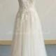 Unique Aline Tulle Lace Wedding Dress, Elegant Vintage Boho Wedding Dress with Sweethear Neckline and Blush Lining