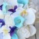 Silk Wedding Bouquet with Off White Roses, Blue Purple Orchids and Aruba Turquoise Callas - Natural Touch Silk Flower Bouquet