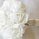Silk Wedding Bouquet - Natural Touch Off White Ivory Roses and Crystals Silk Flower Bride Bouquet - Almost Fresh