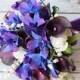 Wedding Bouquet with Plum Callas, Blue Purple Orchids, Off White Roses - Silk Natural Touch Silk Flower Bouquet Turquoise