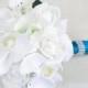 Silk Wedding Bouquet with Off White Roses, Orchids and Callas - Natural Touch Silk Flower Bride Bouquet - Teal Accents