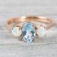 Opal and aquamarine engagement ring handmade trilogy three stone in rose/white/yellow gold or platinum unique
