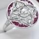 Art Deco Engagement Ring 14k White Gold 1.08ctw Genuine Old Rose Cut Diamond & Genuine Red Ruby Statement Engagement Ring 3.4g sz 6.75