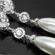 Pearl Bridal Chandelier Earrings, Swarovski Teardrop Pearl CZ Earrings, White Pearl Silver Dangle Earrings Wedding Bridesmaids Pearl Jewelry - $35.50 USD
