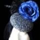 Bridal wedding hat. Tweed cocktail hat. Church hat. Black and blue hat. Flower and feathers fascinator. Race hat. Statement hat. Pillbox hat - $53.45 EUR