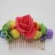 Rainbow flower hair comb Floral hair comb Bridal hair piece Wedding gold comb Colorful Boho hair style Flowergirl headpiece Gift for her - $18.00 USD