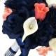 8" Bouquet - Navy Blue and Coral Roses with White Calla Lilies - Artificial Bouquet