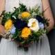 Sunny yellow navy blue and vibrant green wedding bouquet preserved greenery sola flowers dried flowers sola satin ribbon bridal summer - $150.00 USD